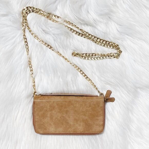 Mini Crossbody Zip Up Crossbody Wallet Tan and Gold Small - Picture 1 of 9